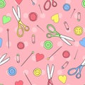 Seamless pattern with sewing button, pin, patch, scissors, heart