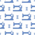Seamless pattern, sewing machines and spools of thread, blue and white design. Print, textile, background Royalty Free Stock Photo