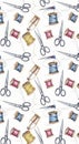 Seamless Pattern of Sewing Notions - Scissors and Thread Spools Royalty Free Stock Photo