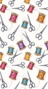 Seamless Pattern of Sewing Supplies - Scissors and Thread Spools Royalty Free Stock Photo