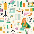 Seamless pattern of sewing tools icons tailor girl hand made workshop Royalty Free Stock Photo