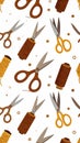 Seamless pattern with sewing tools scissors and thread spools on white background Royalty Free Stock Photo
