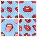 Seamless Pattern with Sexy Female Lips with Gloss Red Lipstick. Pop Art Style Vector Fashion Illustration Woman Mouth. Gestures Royalty Free Stock Photo