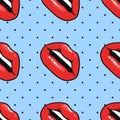 Seamless Pattern with Sexy Female Lips with Gloss Red Lipstick. Pop Art Style Vector Fashion Illustration Woman Mouth. Gestures Royalty Free Stock Photo