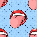 Seamless Pattern with Sexy Female Lips with Gloss Red Lipstick. Pop Art Style Vector Fashion Illustration Woman Mouth. Gestures Royalty Free Stock Photo