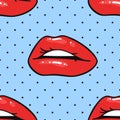 Seamless Pattern with Sexy Female Lips with Gloss Red Lipstick. Pop Art Style Vector Fashion Illustration Woman Mouth. Gestures Royalty Free Stock Photo