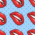 Seamless Pattern with Sexy Female Lips with Gloss Red Lipstick. Pop Art Style Vector Fashion Illustration Woman Mouth. Gestures Royalty Free Stock Photo