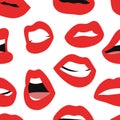 Seamless pattern with Sexy Female Lips with Matt Red Lipstick. Flat Style Vector Fashion Illustration Woman Mouth Background.