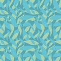 Seamless pattern with shapes of leaves. Abstract azure blue background for textile, fabric, design, web.