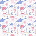 Seamless pattern with shark, turtle, fish, crab and shrimp. Cute cartoon ocean characters. Underwater marine animals