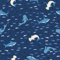 Seamless pattern sharks on blue background. Cute print with Hammerhead, Whale, White shark and fishes