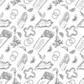 Seamless pattern with shawarma chicken roll, fresh vegetables on white background. Vector hand drawn sketch illustration in doodle Royalty Free Stock Photo