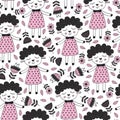 Seamless pattern with sheep girl and flower in Scandinavian style Royalty Free Stock Photo