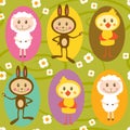 Seamless pattern with sheep, rabbit and chicken