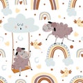 Seamless pattern with a lamb on a swing and a lamb on a rainbow - vector illustration, eps