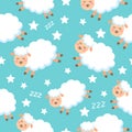 Seamless pattern with sheeps and stars on blue background for kids