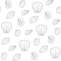 Seamless pattern shells Line art Black on white background Illustration doodle Monochrome Underwater world Hand drawn Royalty Free Stock Photo