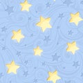 Seamless pattern with shining stars on blue. Vector illustration.