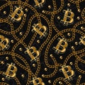 Seamless pattern with shiny bitcoin sign, chains