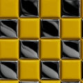 Seamless pattern of shiny black and yellow square tiles arranged in a checkered grid with glossy reflective surfaces for modern Royalty Free Stock Photo