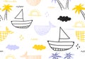 Seamless pattern with ships, fish, sun, clouds, sea and waves in the concept of children`s drawings. Cute Marine for fabric, baby Royalty Free Stock Photo