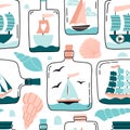 Seamless pattern with ships, sail boats in miniature in glass bottle