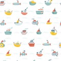 Seamless pattern with ships, submarines, sailboat, yacht. Sea transport. Cute cartoon marine pattern for textile, fabric. Childish