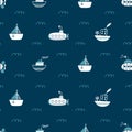 Seamless pattern with ships, submarines, sailboat, yacht. Sea transport. Cute cartoon marine pattern for textile, fabric. Childish