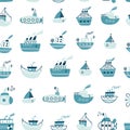 Seamless pattern with ships, submarines, sailboat, yacht. Sea transport. Cute cartoon marine pattern for textile, fabric. Childish