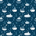 Seamless pattern with ships, submarines, sailboat, yacht. Sea transport. Cute cartoon marine pattern for textile, fabric. Childish