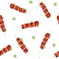 Seamless pattern shish kebab on skewers with onions and tomatoes. Vector