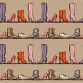 Seamless pattern with shoes. Hand drawn illustration female footwear, boots and stiletto heels Royalty Free Stock Photo