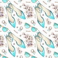 Seamless pattern shoes, sunglasses, jewelry, flowers isolated on white. Watercolor handrawn illustration. Art for design