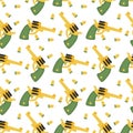 Seamless pattern with a shooting revolver and bullets in cartoon style on a white background. Green-yellow color scheme