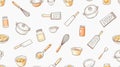 Seamless Hand-Drawn Kitchen Utensil Pattern with Playful Culinary Elements Wallpaper Background Royalty Free Stock Photo