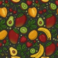 Seamless pattern showcasing a colorful array of fruits against a dark background. Royalty Free Stock Photo