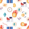 Seamless Pattern Showcasing Various Cryptocurrency Operation Items, Including Bitcoin, Ethereum, Blockchain, Desk