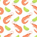 Seamless pattern with shrimps and limes on a white background. Background with seafood Royalty Free Stock Photo