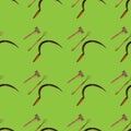 Seamless pattern with agricultural vintage tools on green background