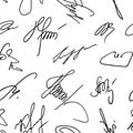 Seamless pattern signature. Repeated hand drawn autograph. Black scrawl signature on white background. Handwritten name. Handwriti