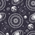 Seamless pattern. Signs of the zodiac, ecliptic, stars, galaxies and planets. Royalty Free Stock Photo