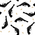 Seamless pattern with a silhouette of a black pistol and gold bullets on a white background. Vector.