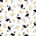 Seamless pattern with silhouette of a flamingo and palm branch on a white background. Vector. A simple template.