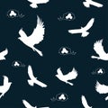 Seamless pattern: silhouette of a hawk in white and bird`s nests on a blue background. vector. Royalty Free Stock Photo