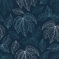 Seamless pattern of silhouette leaves and branches. Decorative outline collection of plants. Hand drawn botanical vector