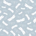 Seamless pattern with silhouettes dragonflies. White elements and outlines insects on a grey background. Vector
