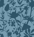 Seamless pattern with silhouettes of dried flowers, eryngium, eucalyptus, butterflies and berries.