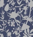 Seamless pattern with silhouettes of dried flowers, eryngium, eucalyptus, butterflies and berries.