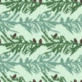 Seamless pattern from silhouettes of fir branches and sitting birds flock