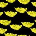 Seamless pattern silhouettes of molluscs with spiral shell, yellow seashells on black background